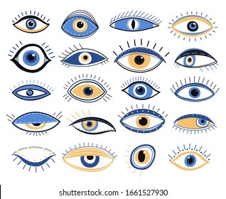 Evil eye. Graphic eyes elements, traditional energy talismans. Magic looking amulet, decorative alchemy occult mystic symbols vector signs