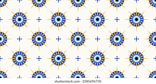 Evil eye greek pattern. Seamless Turkish vector background with blue beads. Magic nazar - abstract symbol of protection and luck. Illustration with mystic talisman and astrology ornament.