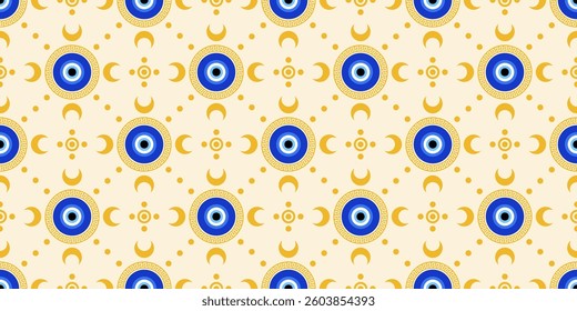 Evil eye Greek pattern. Seamless Turkish vector background with blue beads. Magic nazar - abstract symbol of protection and luck. Illustration with mystic talisman and astrology ornament.
