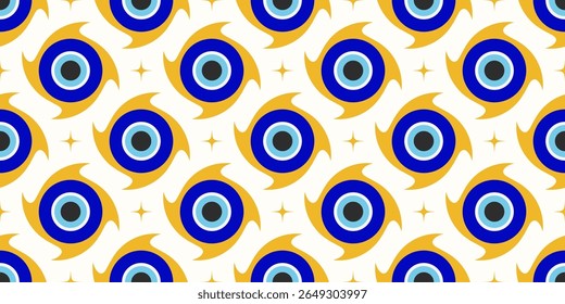 Olho maligno padrão grego. Fundo de vetor turco contínuo com contas azuis. Nazar mágico - símbolo abstrato de proteção e sorte. Ilustração com talismã místico e ornamento de astrologia.