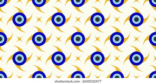 Olho maligno padrão grego. Fundo de vetor turco contínuo com contas azuis. Nazar mágico - símbolo abstrato de proteção e sorte. Ilustração com talismã místico e ornamento de astrologia.