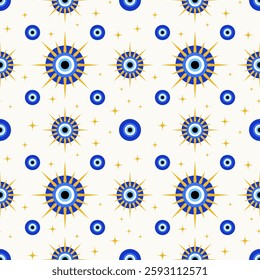 Evil eye Greek seamless pattern. Turkish vector background with blue magic bead. Wallpaper with nazar ornament. Abstract amulet - symbol of protection and luck. Mystic energy decoration