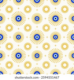 Evil eye Greek seamless pattern. Vector background with blue beads and sun. Turkish nazar - ethnic symbol of protection energy and luck. Mystic amulet with astrology ornament. Cute cosmic design