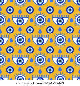 Evil eye Greek seamless pattern. Turkish vector background with blue beads and magic nazar. Mystic amulet is the symbol of protection and luck. Arabic and Mediterranean ethnic wallpaper