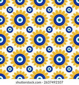 Evil eye Greek seamless pattern. Vector background with blue beads. Turkish nazar - ethnic symbol of protection energy and luck. Mystic amulet with meander ornament. Cute cosmic design