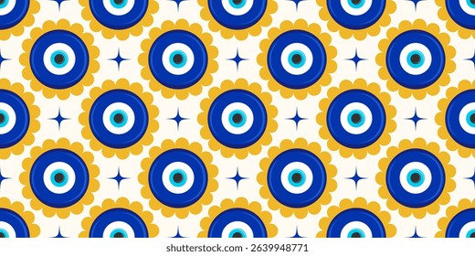 Evil eye Greek seamless pattern. Vector background with blue beads and flowers. Turkish nazar - ethnic symbol of protection energy and luck. Mystic amulet with meander ornament. Cute cosmic design