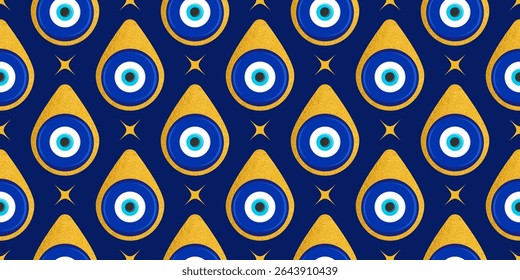 Evil eye Greek seamless pattern. Vector background with blue beads. Turkish nazar - ethnic symbol of protection energy and luck. Mystic amulet with golden ornament. Cute Arabic design
