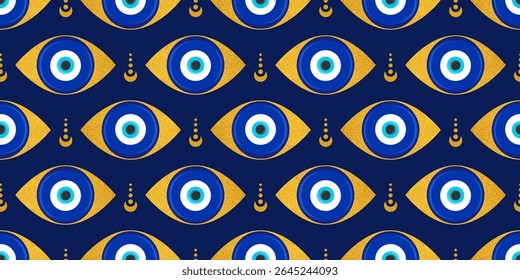 Evil eye Greek seamless pattern. Vector background with blue beads. Turkish nazar - ethnic symbol of protection energy and luck. Mystic amulet with golden ornament. Cute Arabic design