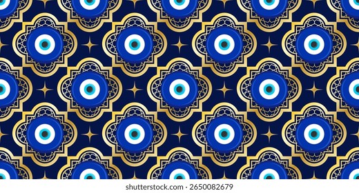 Evil eye Greek seamless pattern. Vector background with blue beads. Turkish nazar - ethnic symbol of protection energy and luck. Mystic amulet with golden ornament. Cute Arabic design