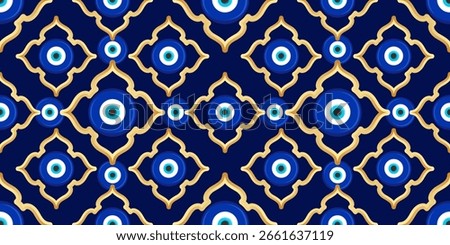 Evil eye Greek seamless pattern. Vector background with blue beads. Turkish nazar - ethnic symbol of protection energy and luck. Mystic amulet with golden ornament. Cute Arabic design