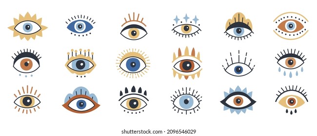 Evil Eye, Hamsa, Hand of Fatima. Set of evil, ra, turkish, greek and esoteric eye different shapes. Hand drawn various talismans. Flat design. Contemporary modern trendy vector illustration.