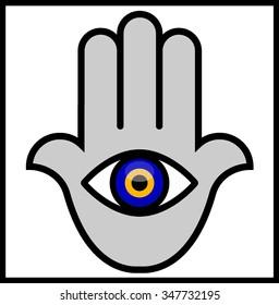 Evil Eye in Hamsa Hand.Vector illustration of an Abstract Human Hand to which attached an Evil Eye. Illustrator eight, global colors, easily editable.