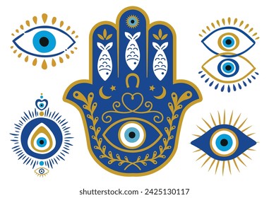 The evil eye, Hamsa, protective amulet of Mediterranean cultures, in countries such as Greece, Turkey, Italy. Vetporial illustration in dooble style