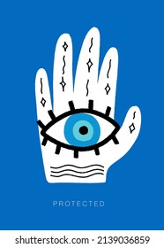 Evil eye and hand ancient mediterranean symbol of protection and good luck vector graphic design.