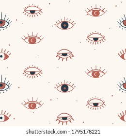 Evil eye hand drawn illustration. Minimal line drawing seamless pattern background. Esoteric symbols. 
