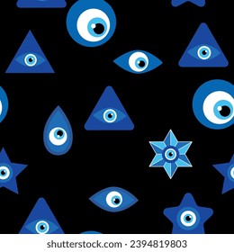 Evil eye Heavenly seamless pattern with suns, moons, stars, palms. For textiles, souvenirs, household goods