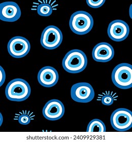 Ojo malvado Patrón celestial sin fisuras con soles, lunas, estrellas, palmas. Para textiles, souvenirs, enseres domésticos