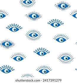 Evil eye Heavenly seamless pattern with suns, moons, stars, palms. For textiles, souvenirs, household goods