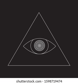 An evil eye with a hypnotic pupil in a triangle is isolated on a black background. A vector stock illustration with outline or linear creepy eye for occultism.