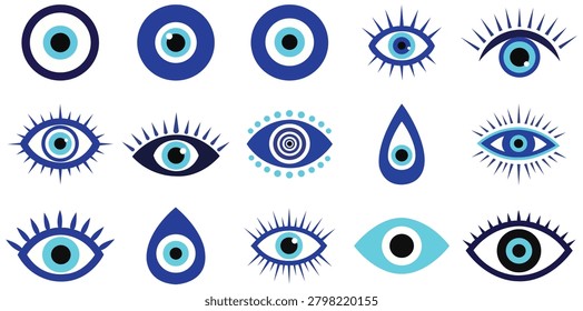 Evil Eye Icon Set Blue Black Amulet Protection Symbol Eyelash Tear Drop Decoration Vector Illustration For Sticker Jewelry Design