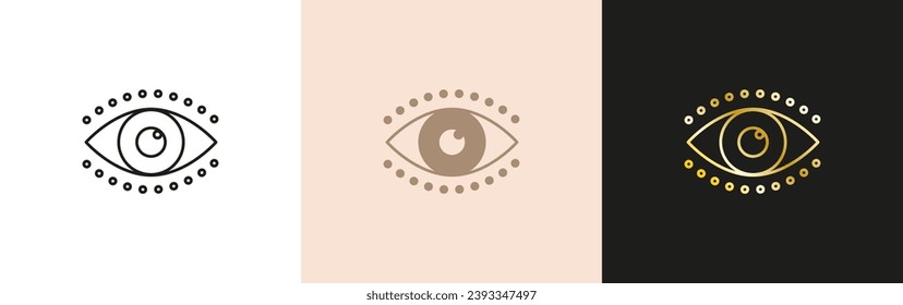 Evil eye icon set. Linear and gold mystic sight 