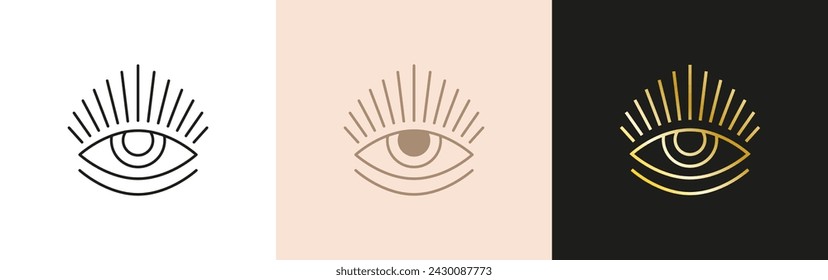 Evil eye icon set. Linear and gold mystic sight symbol