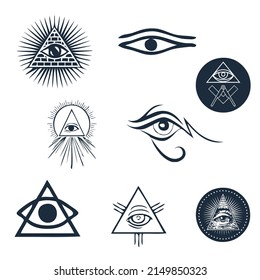 Evil Eye Icon Set. Magical Esoteric Eyes. Turkish Eye Symbols And Icons. Magic Witchcraft Eye Talisman. Amulet Talisman, Luck Souvenir, Religion Sacred Geometry Symbols. Eye of Providence