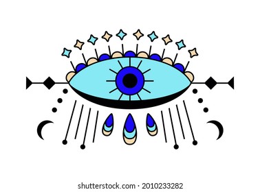 Evil eye icon vector. Colorful Eye of providence and esoteric symbols. Magic signs for tarot cards. Witchcraft talisman, alchemy and magic tattoo in line style. Lucky souvenir collection. 