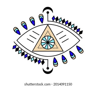 Evil eye icon vector. Colorful Eye of providence and esoteric symbols. Magic signs for tarot cards. Witchcraft talisman, alchemy and magic tattoo in line style. Lucky souvenir collection. 