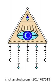 Evil eye icon vector. Colorful Eye of providence and esoteric symbols. Magic signs for tarot cards. Witchcraft talisman, alchemy and magic tattoo in line style. Lucky souvenir collection. 