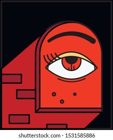 the evil eye looks out the window illuminating the room with blody light