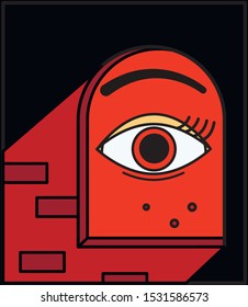 the evil eye looks out the window illuminating the room with blody light