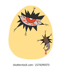 The evil eye looks through a hole in the egg, a claw with a drop of blood sticks out through another hole. The concept of the birth of evil.