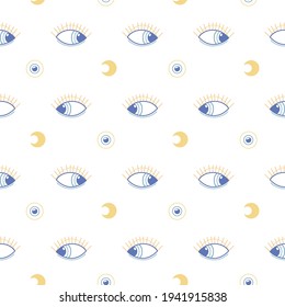 Evil eye and moon seamless pattern. Blue and gold magic esoteric texture on white background. Vector illustration. 