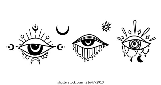 Evil eye and moons isolated clip art set, celestial the third eye esoteric symbols, mystical hand drawn eye of providensce, silhouette magic protecting amulet, black and white vector image set