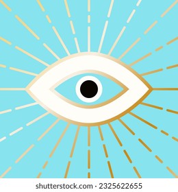 Evil eye occult symbol in gold, white and black on turquoise background, used to ward off variations of evil intentions. Can be used for T-shirt prints, home decor, covering, wrapping and decoration