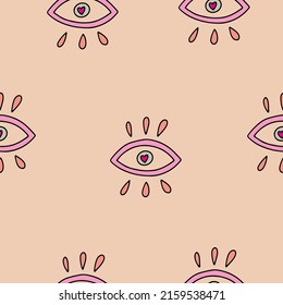 Evil Eye Pastel Vector Isolated Doodle Seamless Pattern. Magic, Witchcraft, Occult Symbol, Clip Art Line Art Collection. Hamsa Eye, Magical Eye, Decor Element.