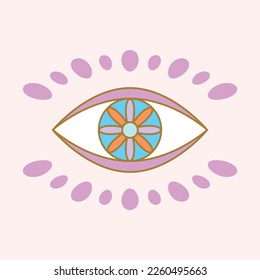 Evil eye and pastel vector isolated doodle illustration. Magic, witchcraft, occult symbol, paint line art collection. Hamsa eye, karma, magic eye, decorative element. yellow, purple, gold eyes.