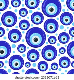 Evil eye pattern. Greek bead and turkish blue nazar seamless background. Amulet for luck and energy protection against envy. Vector wallpaper.