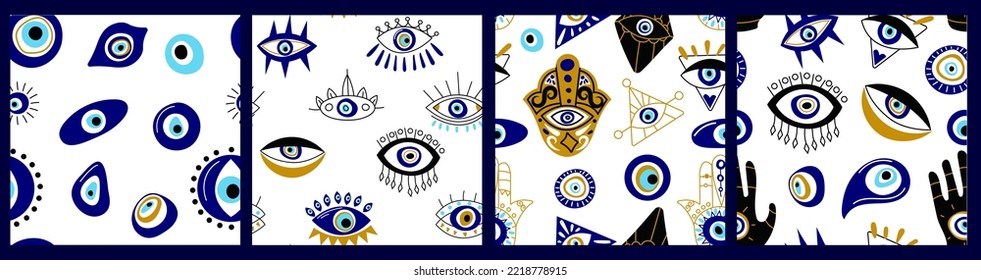 Evil eye pattern. Seamless print of Turkish Greek protection amulet icons, mystic contemporary backgrounds for wrapping paper textile. Vector textured set. Mystical accessories, items for providence