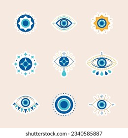 Evil eye protection sign or Turkish eye symbols and icons set. Modern amulet design and home decor idea for Luck and protection. Icon collection pack. Vector illustration. Blue greek element set.