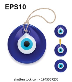 Evil eye protection signs. Symbol of protection. Blue Turkish Fatima's Eye. Amulet from evil eye. Nazar. Magic item, attribute. Vector illustration