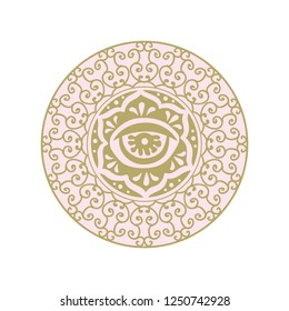 evil eye, protection symbol inside mandala, circular figure representing the universe in Hindu and Buddhist. logo icon