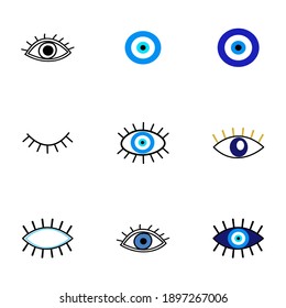 Evil eye protection talisman. Collection of of turkish blue eye-shaped amulets, nazar talismans in hand drawn style. Vector illustration of eyes with lashes, magical decor elements