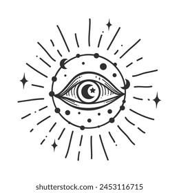 Evil eye. Eye of Providence. Lineart Vector illustration. Magic celestial witchcraft symbol. Masonic symbol. Hand drawn logo or emblem