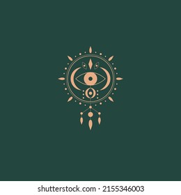 Evil Eye, Rays, Dots. Minimalism, Geometry, Linear Style. Trendy Vector Illustration. Isolated Icon. Boho, Esoteric, Witchcraft, Alchemy, Mystic, Abstract Concept. Logo, Avatar, Poster, Print Template