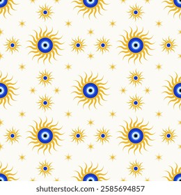 Evil eye seamless background. Blue magic greek bead pattern. Vector print with nazar amulet. Cute talisman - spiritual symbol of energy luck and protection. Ethnic mystic wallpaper