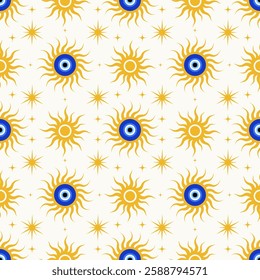 Evil eye seamless background. Greek vector pattern with blue bead and sun. Magic nazar - abstract ethnic symbol of protection and luck. Mystic bohemian wallpaper with energy talisman.