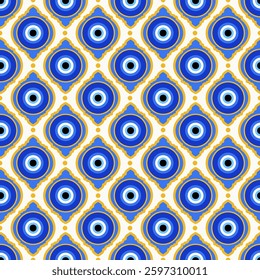Evil eye seamless background. Greek and Turkish blue bead. Vector magic pattern with ethnic nazar - symbol of protection and luck. Traditional ornament with energy amulet and spiritual talisman