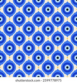Evil eye seamless background. Turkish blue bead. Greek vector magic pattern with ethnic nazar - symbol of protection and luck. Traditional ornament with energy amulet and spiritual talisman